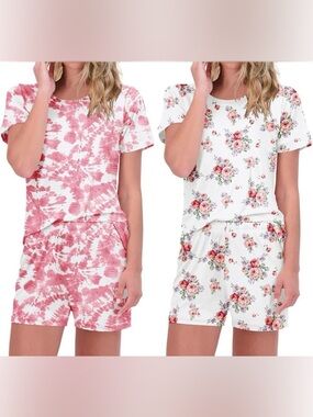 Ekouaer | Bundle Floral Tie-Dye Sleepwear Set Shorts Teeshirt Buttery Soft
